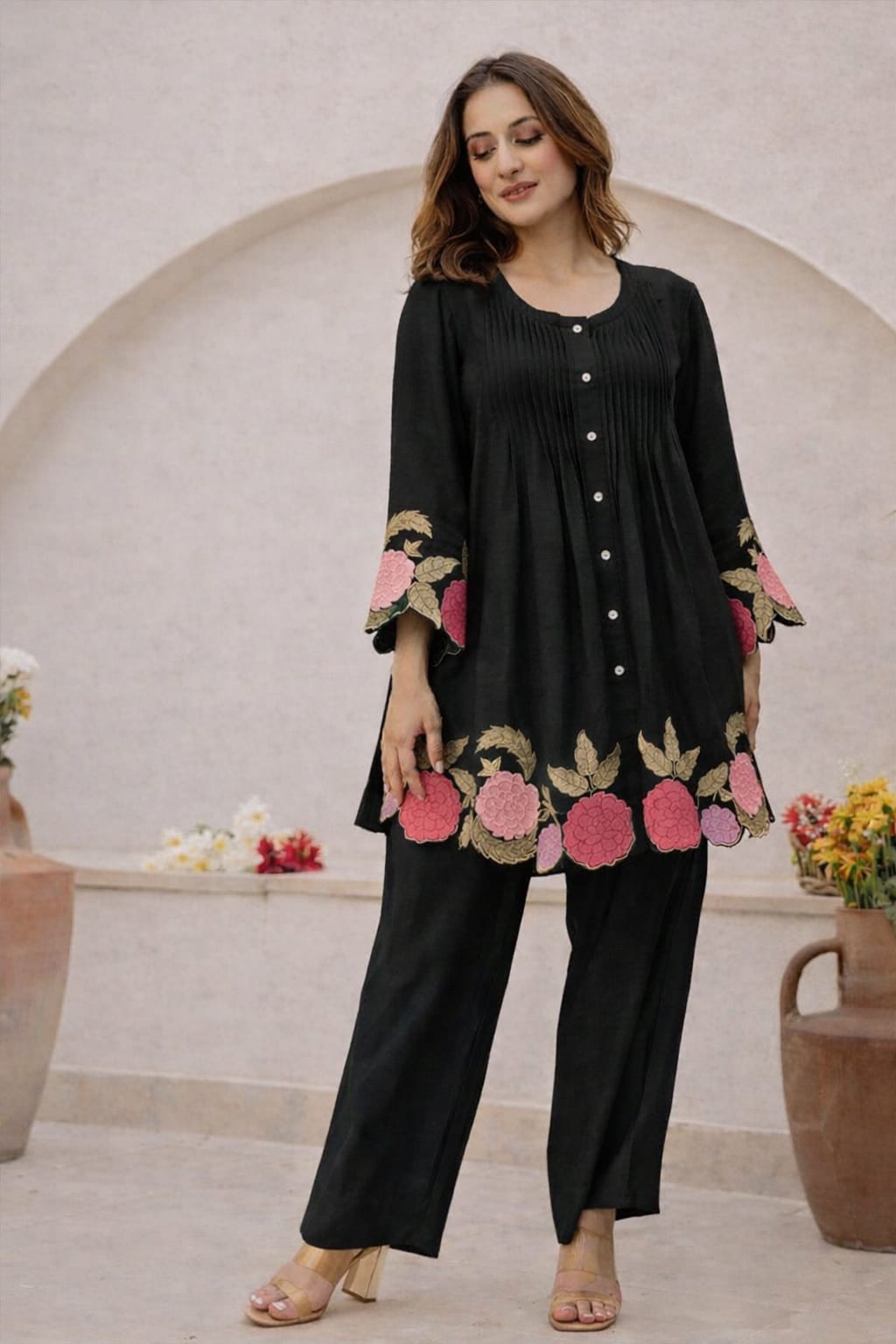 Black Floral Embroidered Cutwork Cotton Tunic and Pant Set