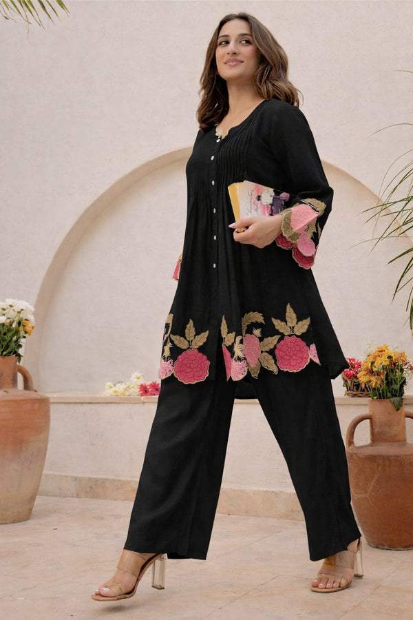 Black Floral Embroidered Cutwork Cotton Tunic and Pant Set