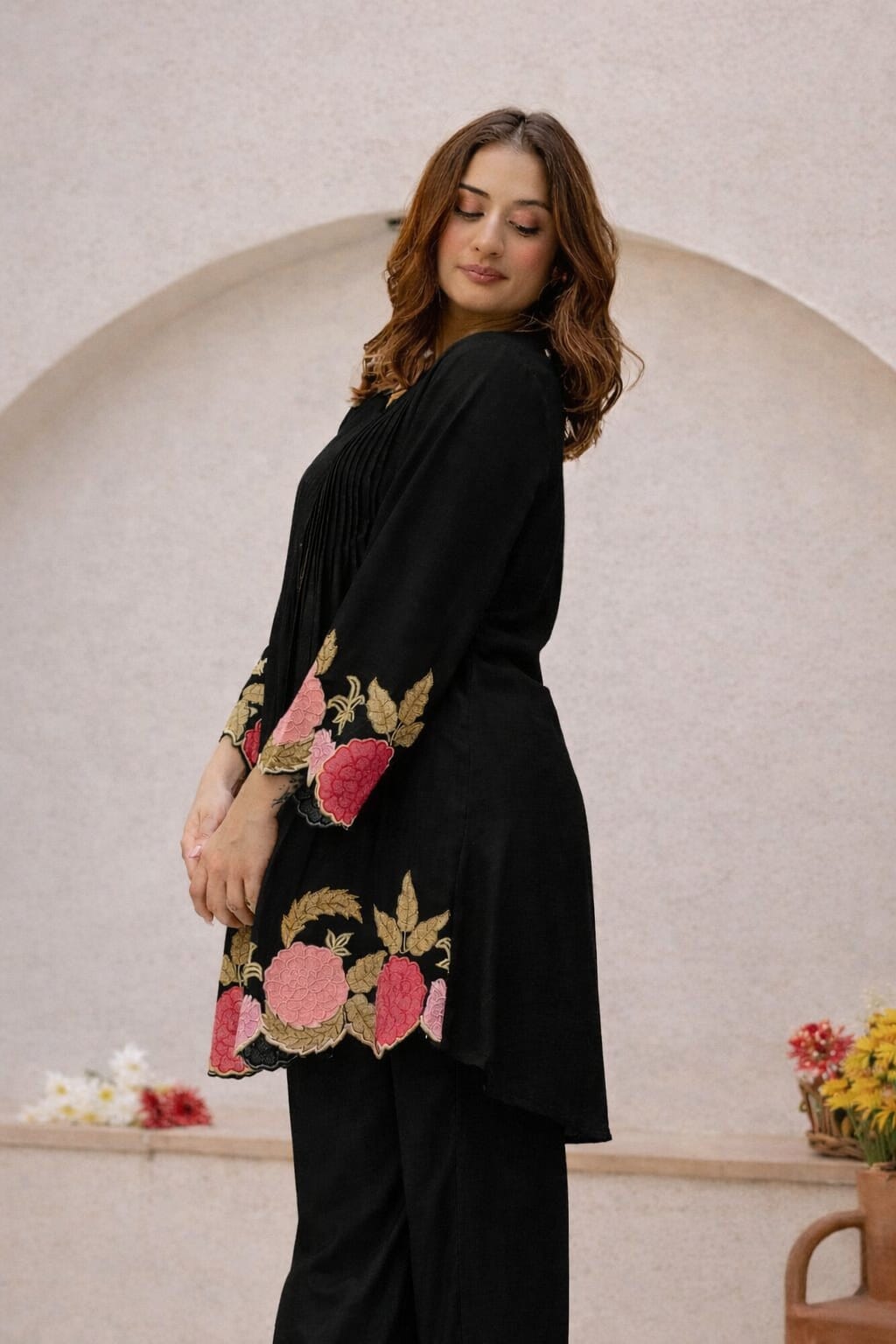 Black Floral Embroidered Cutwork Cotton Tunic and Pant Set