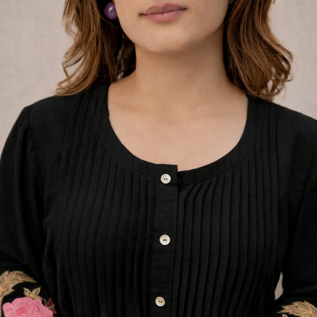 Black Floral Embroidered Cutwork Cotton Tunic and Pant Set