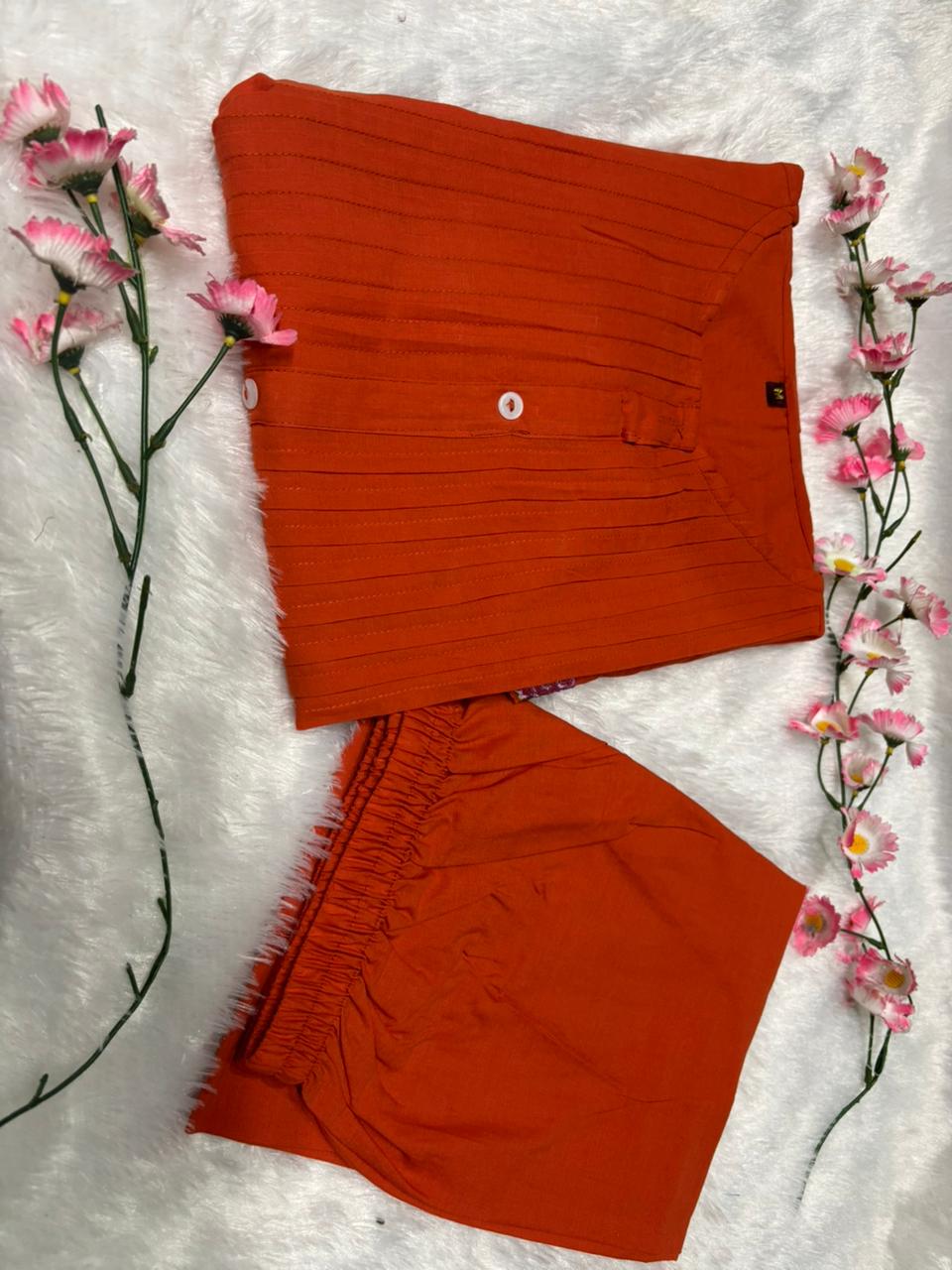 Orange Floral Embroidered Cutwork Cotton Tunic and Pant Set