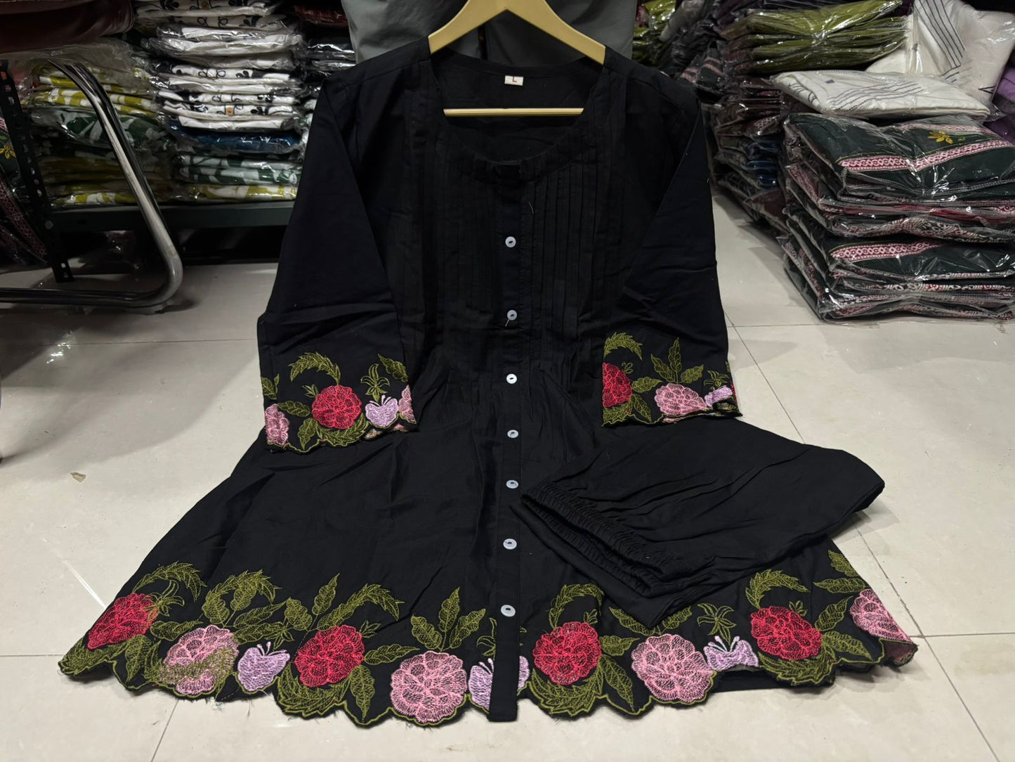 Black Floral Embroidered Cutwork Cotton Tunic and Pant Set