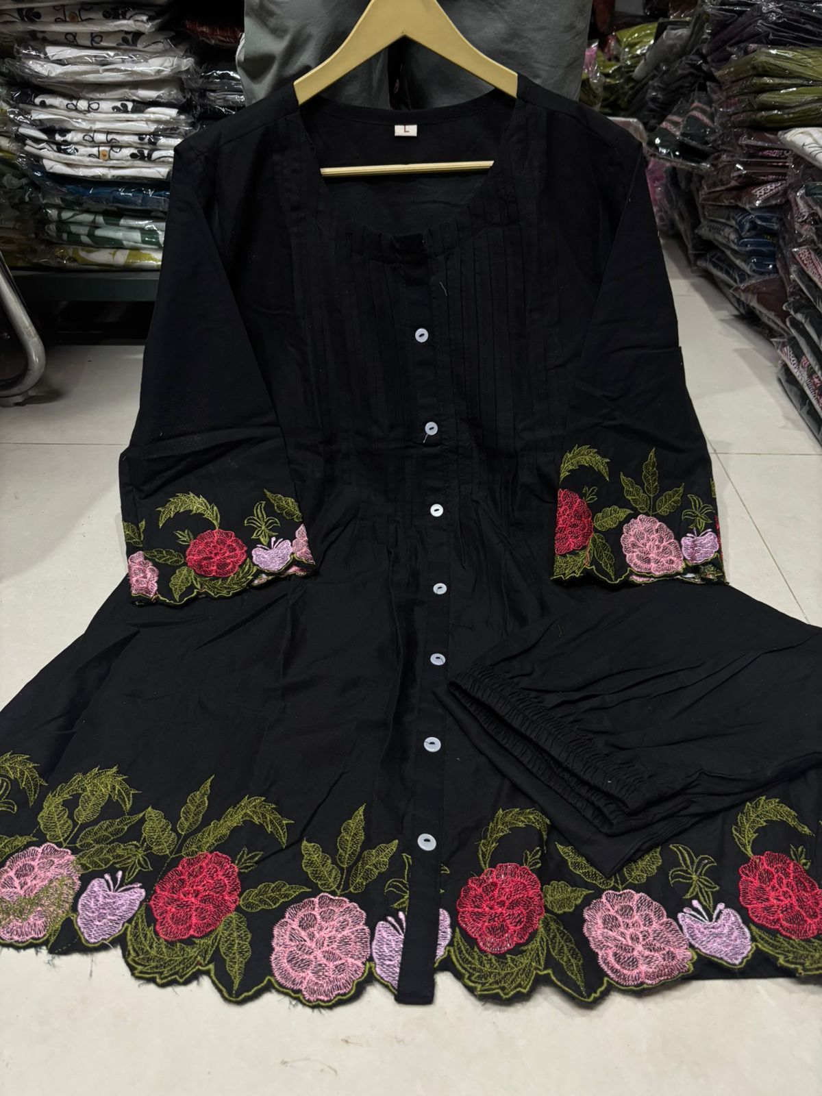 Black Floral Embroidered Cutwork Cotton Tunic and Pant Set