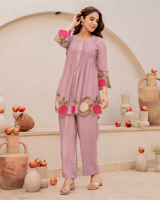 Lilac Floral Embroidered Cutwork Cotton Tunic and Pant Set