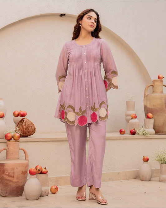 Lilac Floral Embroidered Cutwork Cotton Tunic and Pant Set