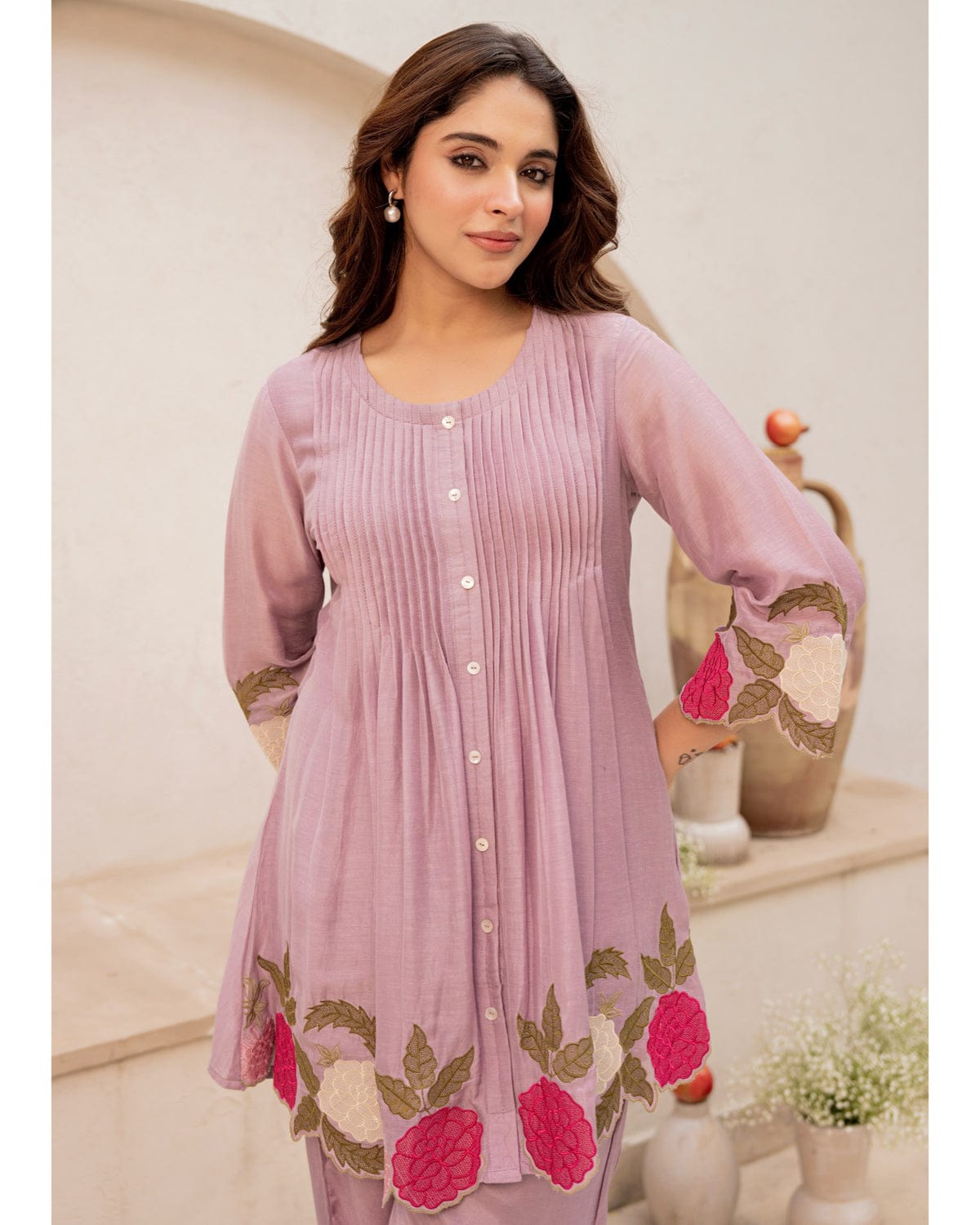 Lilac Floral Embroidered Cutwork Cotton Tunic and Pant Set