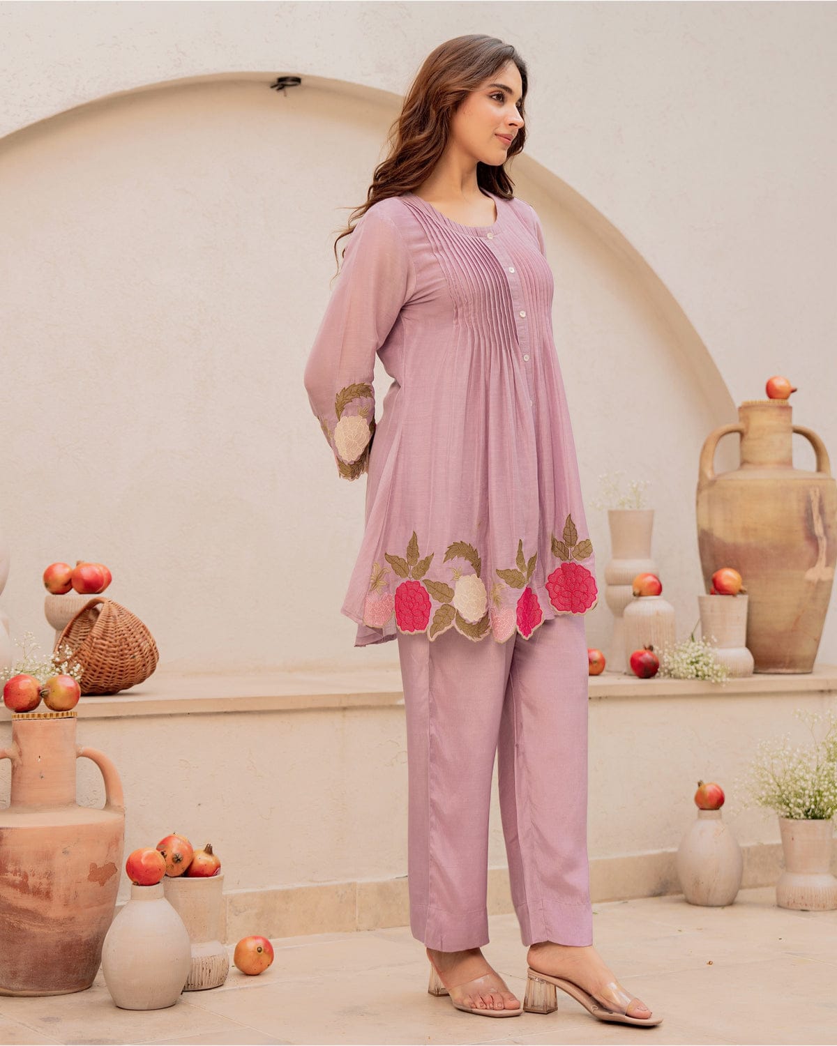 Lilac Floral Embroidered Cutwork Cotton Tunic and Pant Set