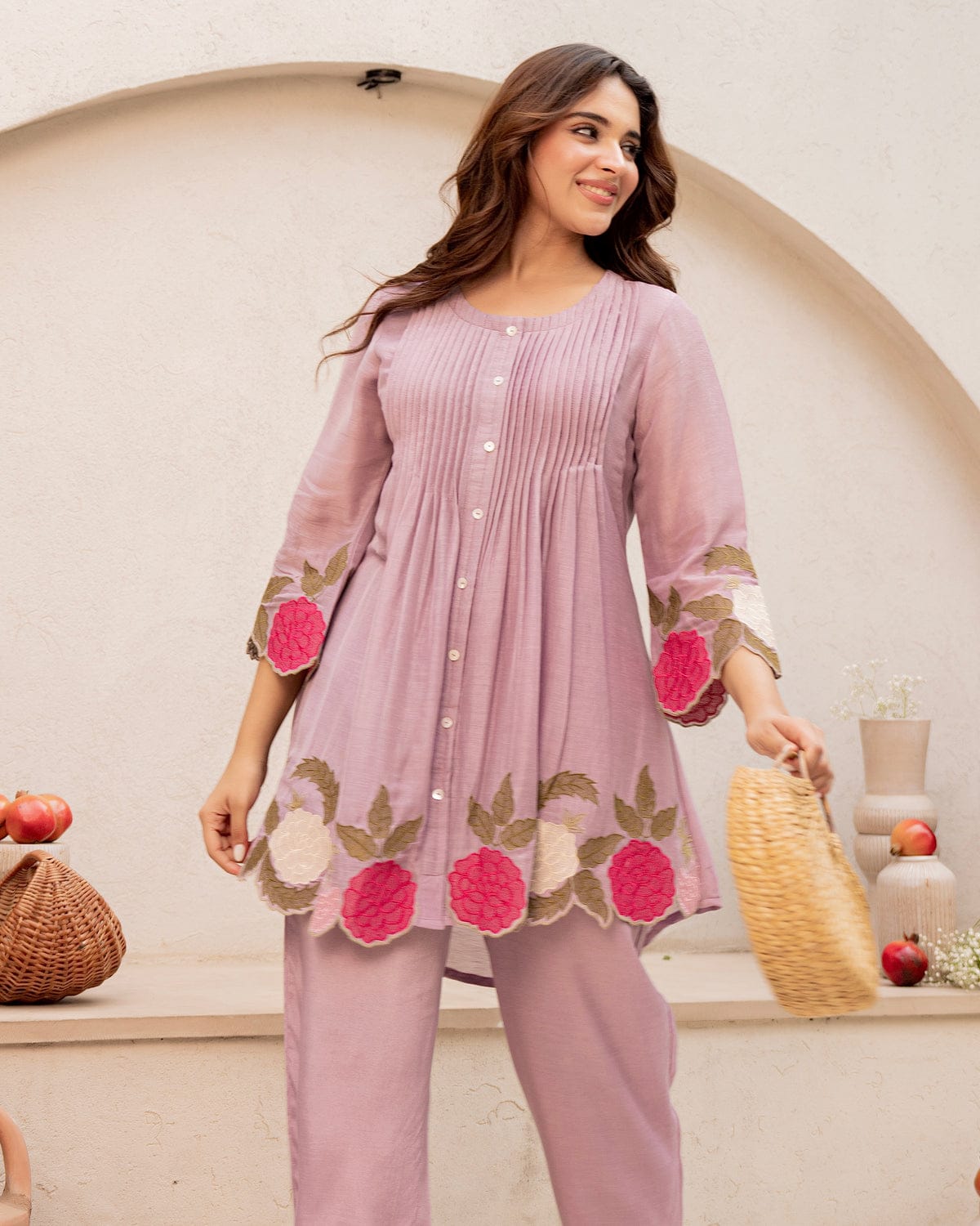 Lilac Floral Embroidered Cutwork Cotton Tunic and Pant Set