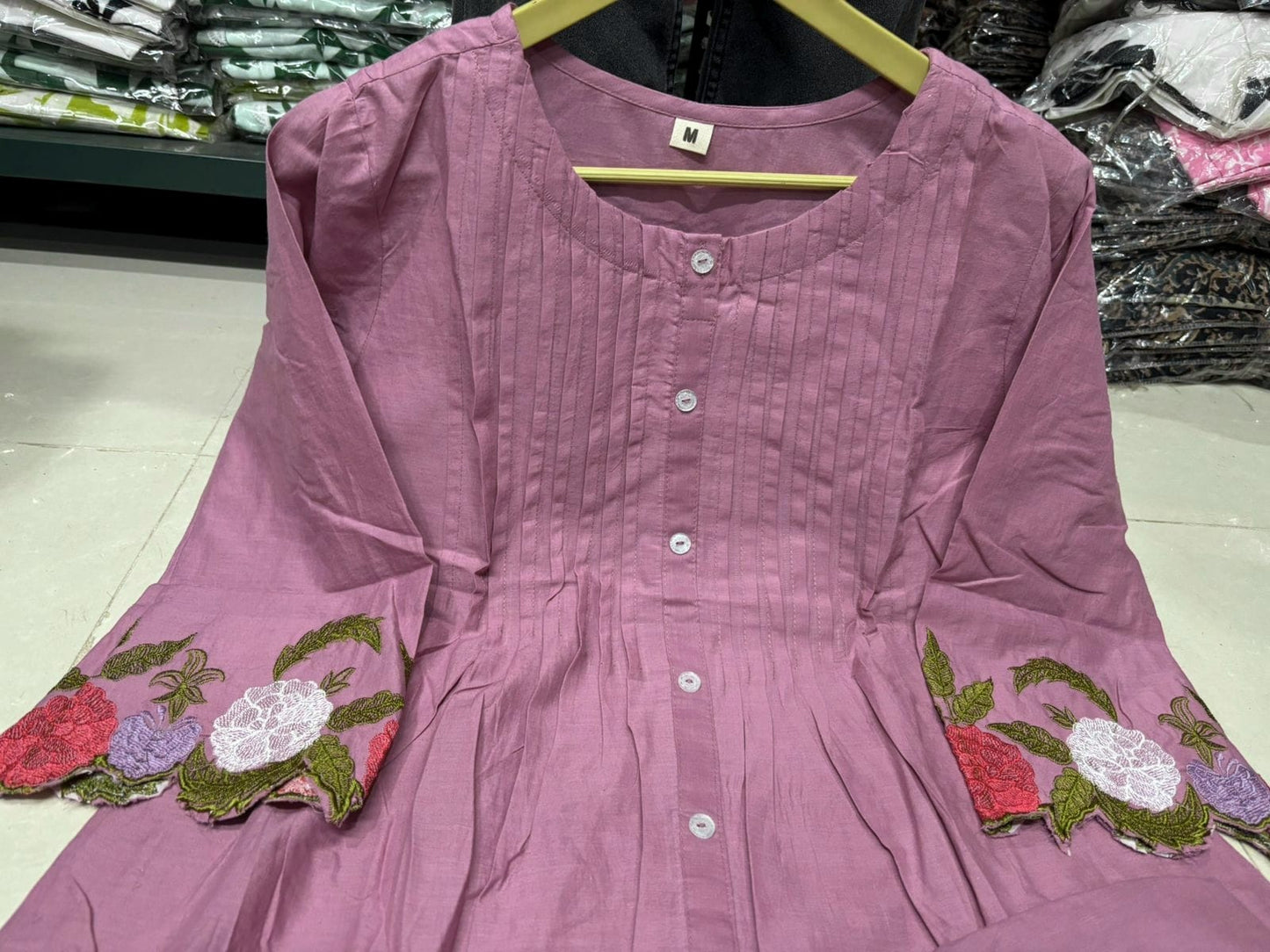 Lilac Floral Embroidered Cutwork Cotton Tunic and Pant Set