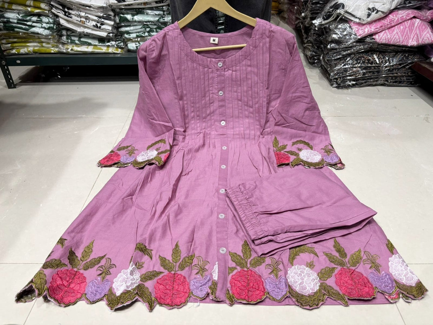 Lilac Floral Embroidered Cutwork Cotton Tunic and Pant Set