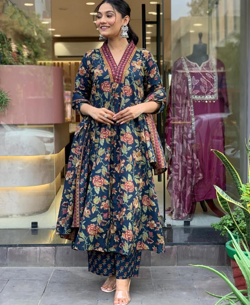 Navy Blue Floral Cotton Anarkali Suit with Dupatta
