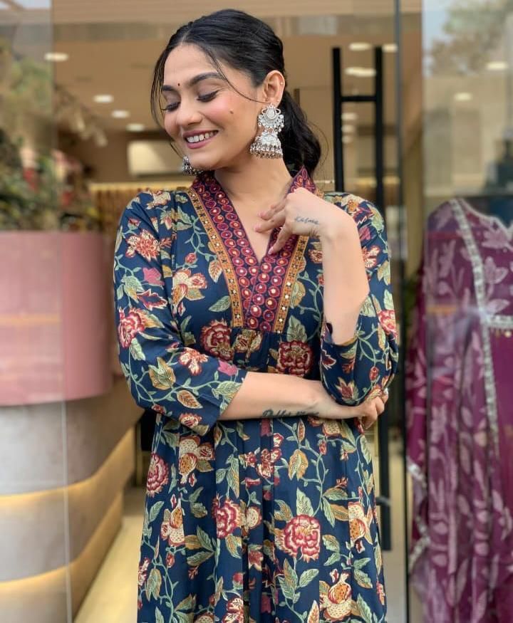 Navy Blue Floral Cotton Anarkali Suit with Dupatta