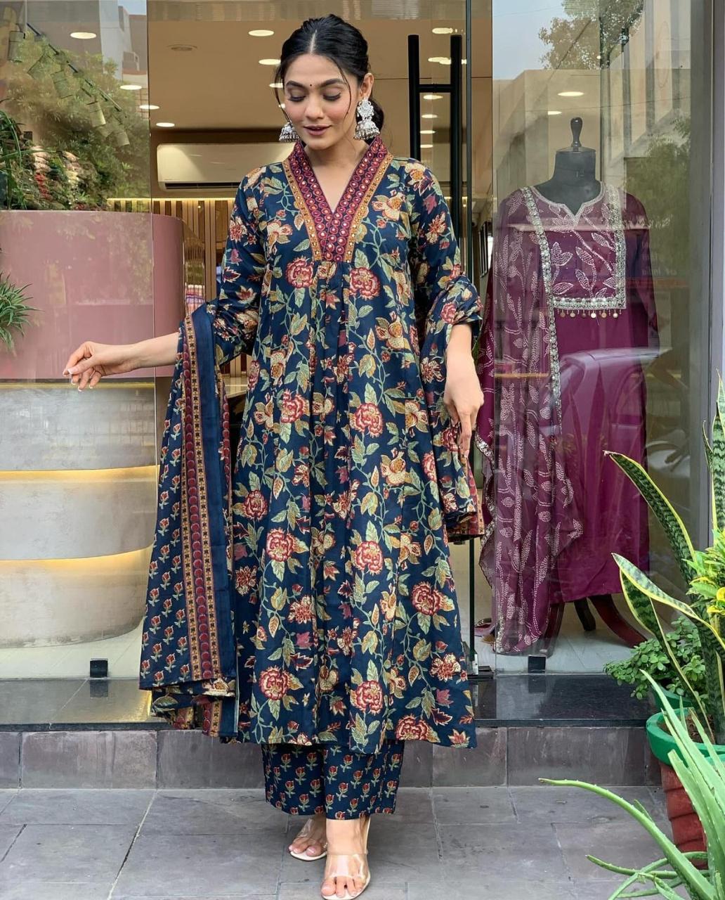 Navy Blue Floral Cotton Anarkali Suit with Dupatta