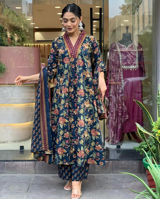 Navy Blue Floral Cotton Anarkali Suit with Dupatta