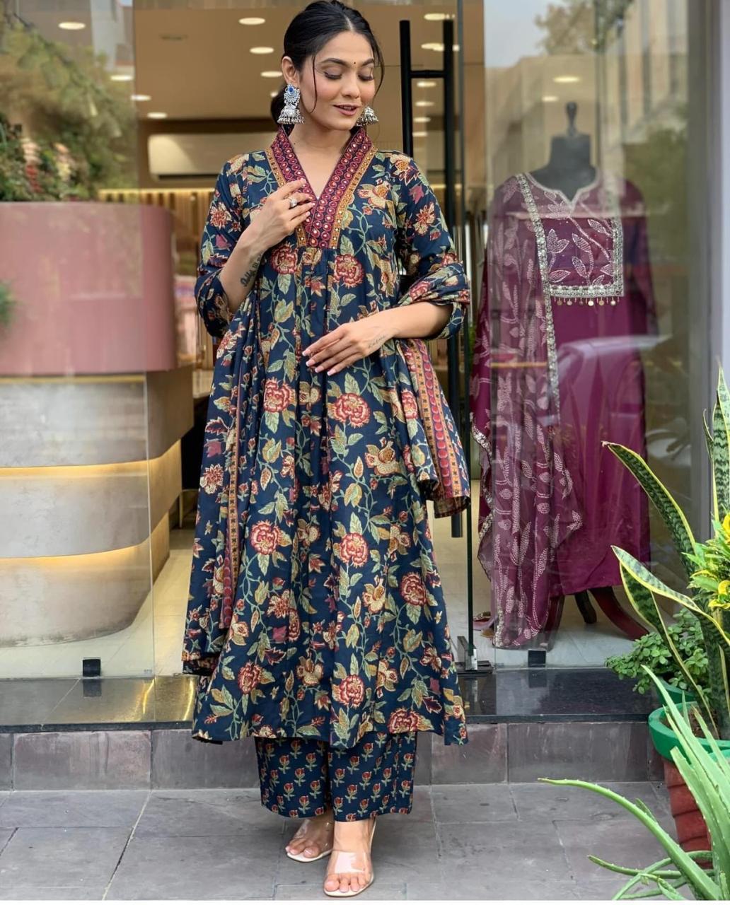 Navy Blue Floral Cotton Anarkali Suit with Dupatta