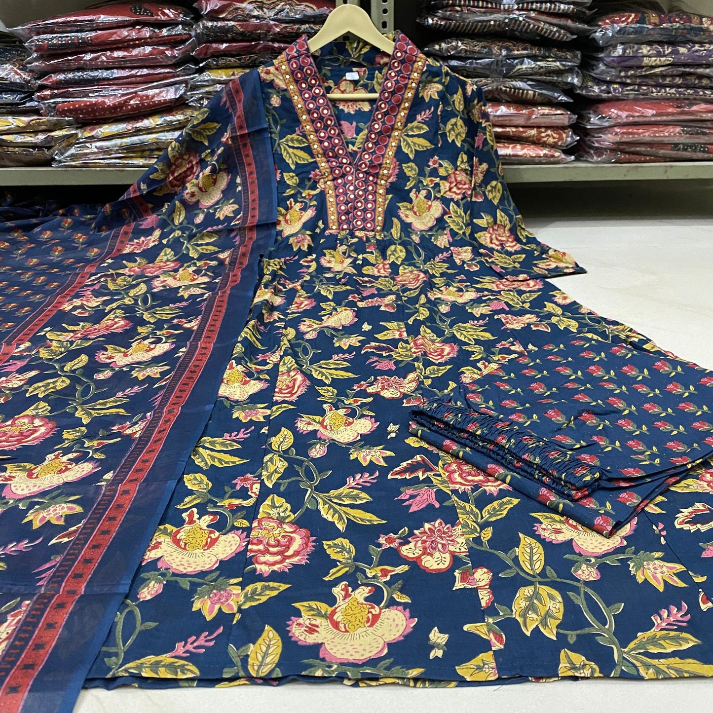 Navy Blue Floral Cotton Anarkali Suit with Dupatta