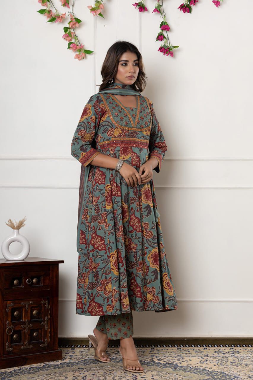 Dusty Teal Floral Block Print Cotton Suit Set
