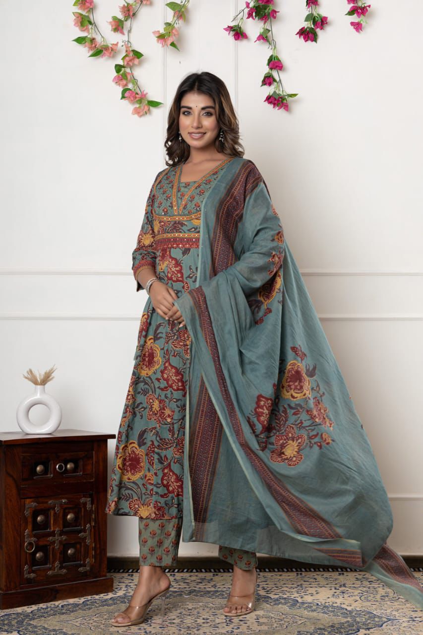 Dusty Teal Floral Block Print Cotton Suit Set