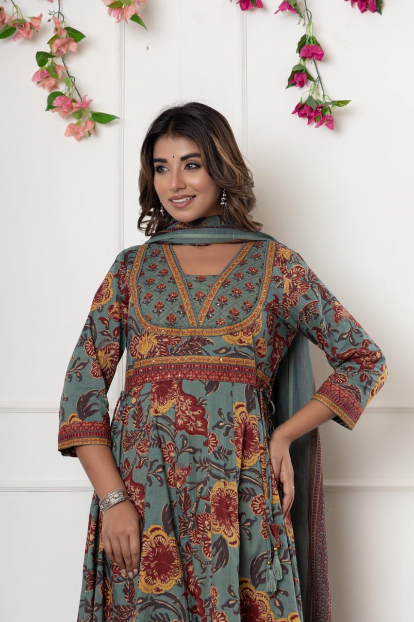 Dusty Teal Floral Block Print Cotton Suit Set