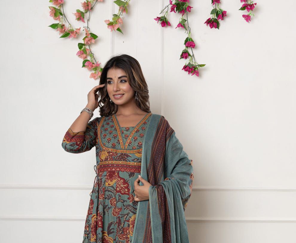 Dusty Teal Floral Block Print Cotton Suit Set