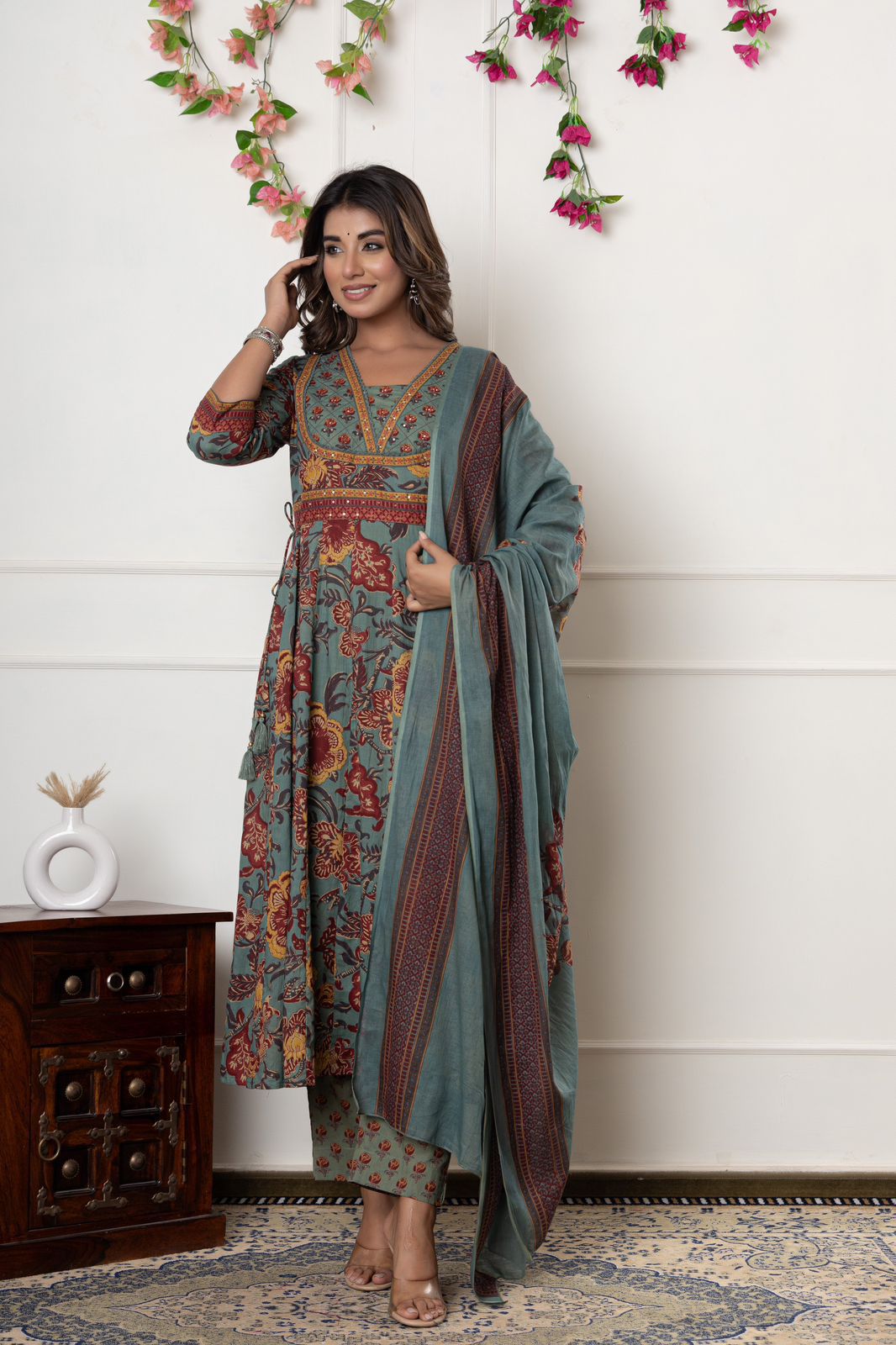Dusty Teal Floral Block Print Cotton Suit Set