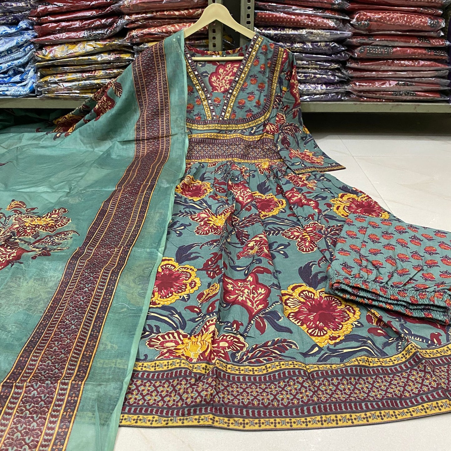 Dusty Teal Floral Block Print Cotton Suit Set