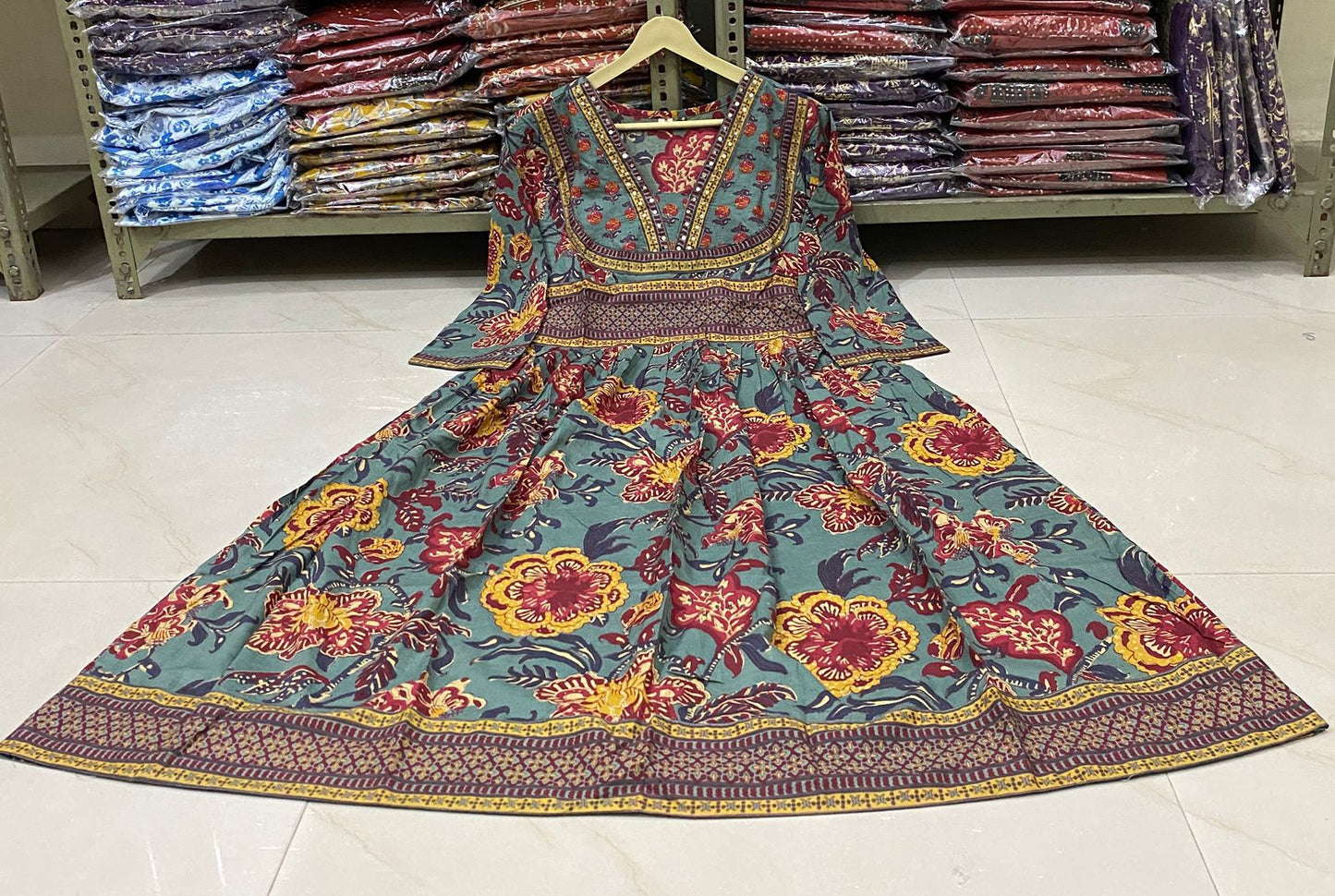 Dusty Teal Floral Block Print Cotton Suit Set