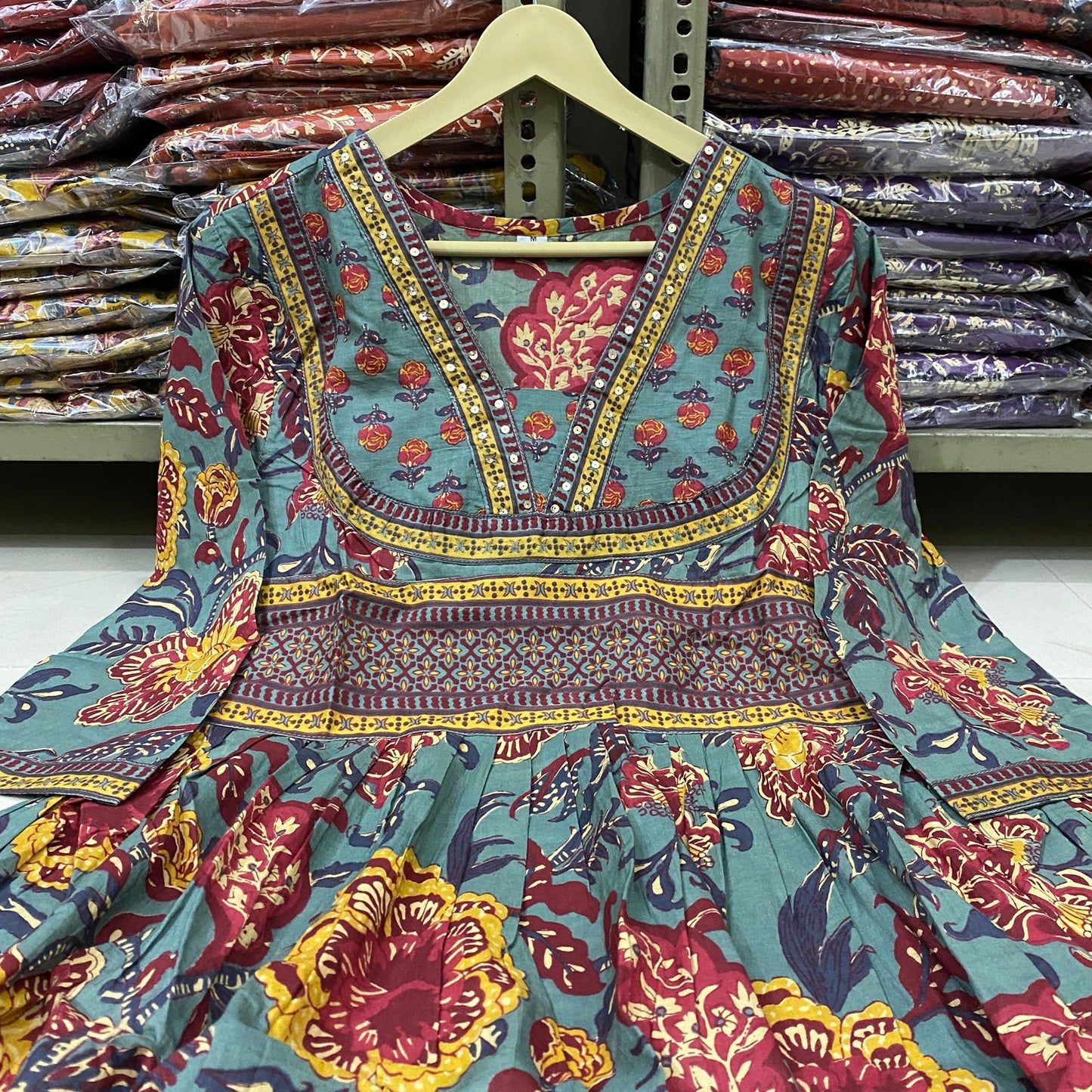 Dusty Teal Floral Block Print Cotton Suit Set