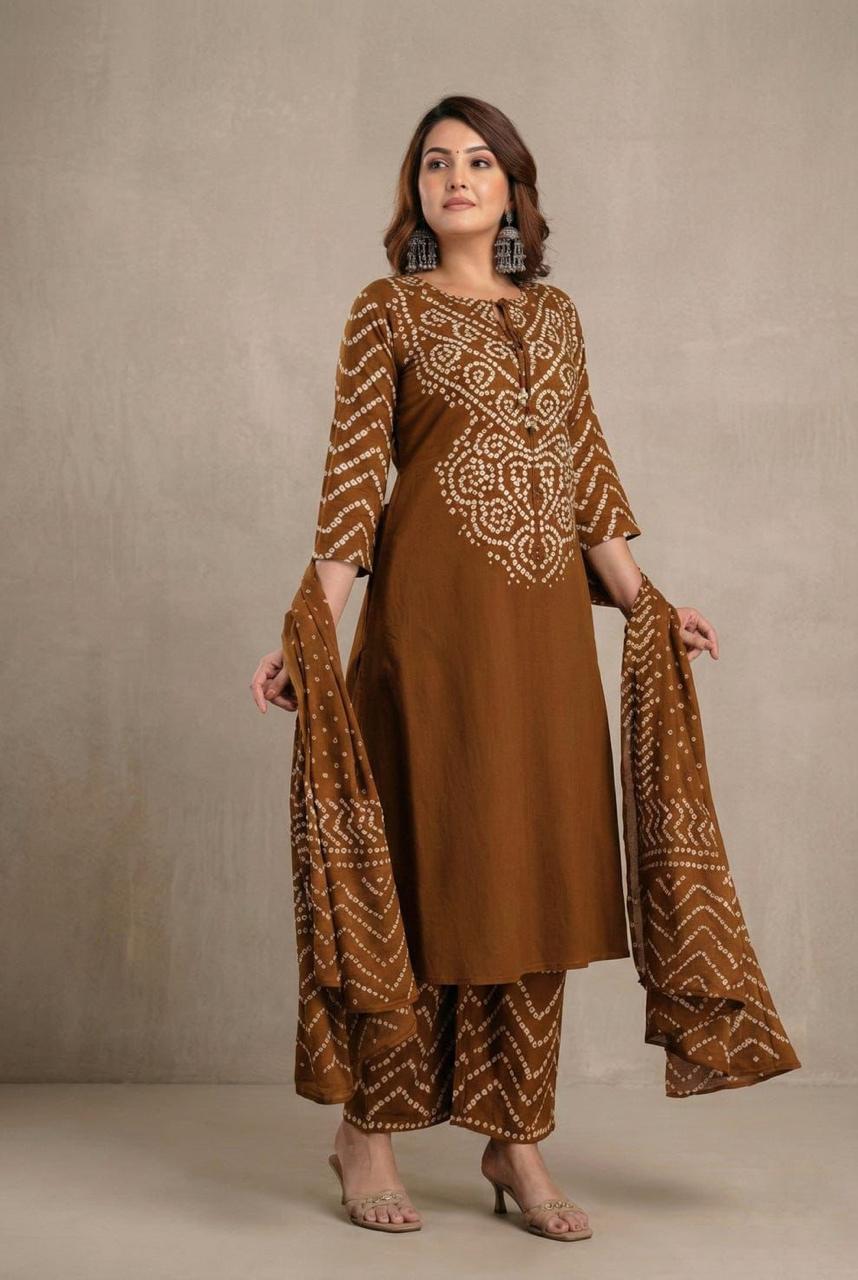 Rust Brown Bandhani Print Kurta Palazzo Dupatta Set