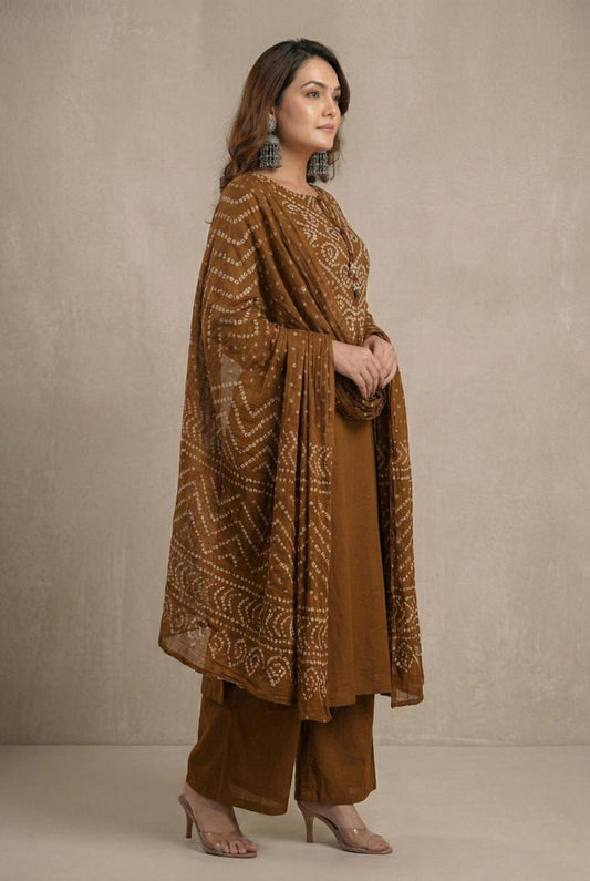 Rust Brown Bandhani Print Kurta Palazzo Dupatta Set
