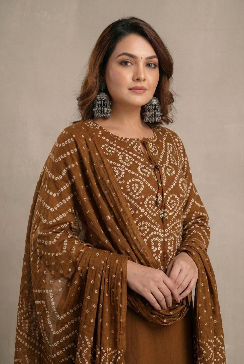 Rust Brown Bandhani Print Kurta Palazzo Dupatta Set