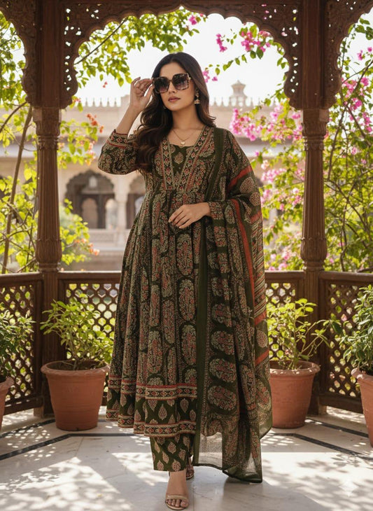 Olive Green Block Print Cotton Anarkali Suit Set