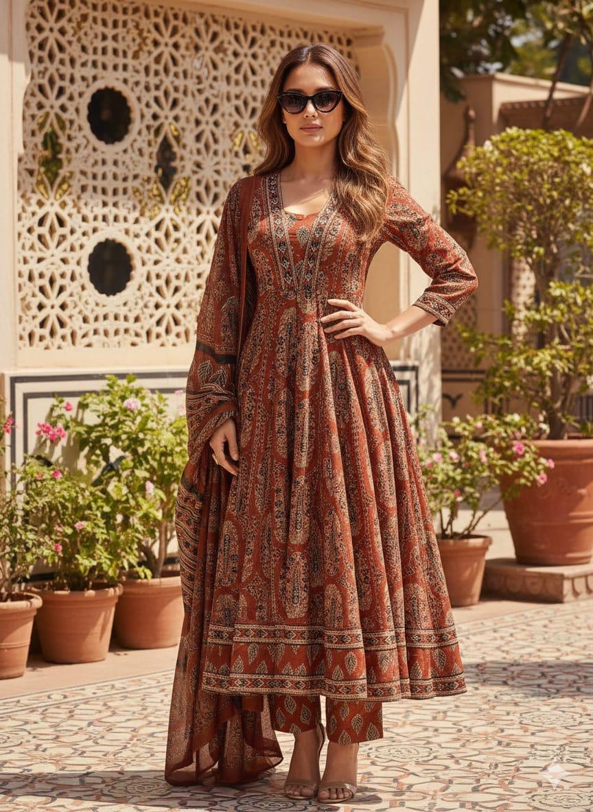 Rustic Red Block Print Cotton Anarkali Suit Set