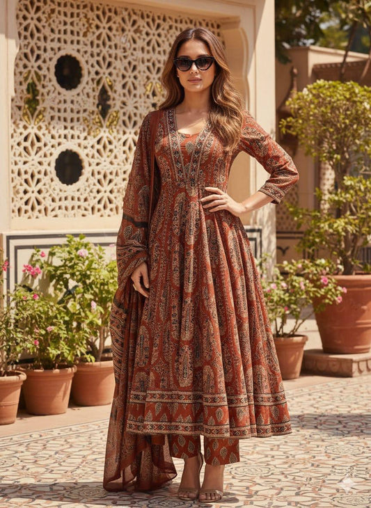 Rustic Red Block Print Cotton Anarkali Suit Set