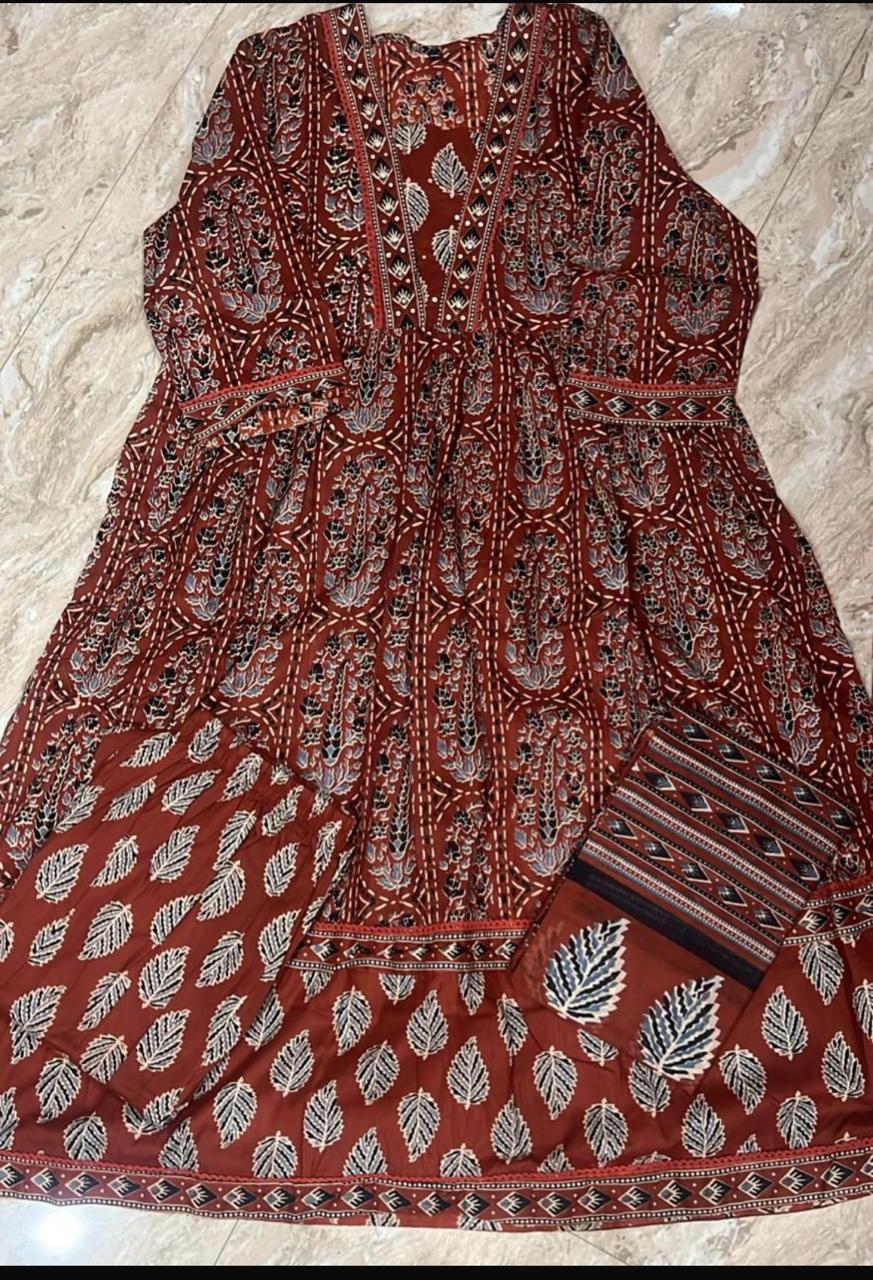 Rustic Red Block Print Cotton Anarkali Suit Set
