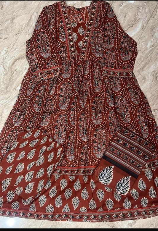 Rustic Red Block Print Cotton Anarkali Suit Set