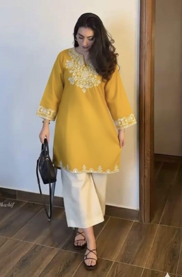 Mustard Yellow Floral Embroidered Cotton Co-ord Set