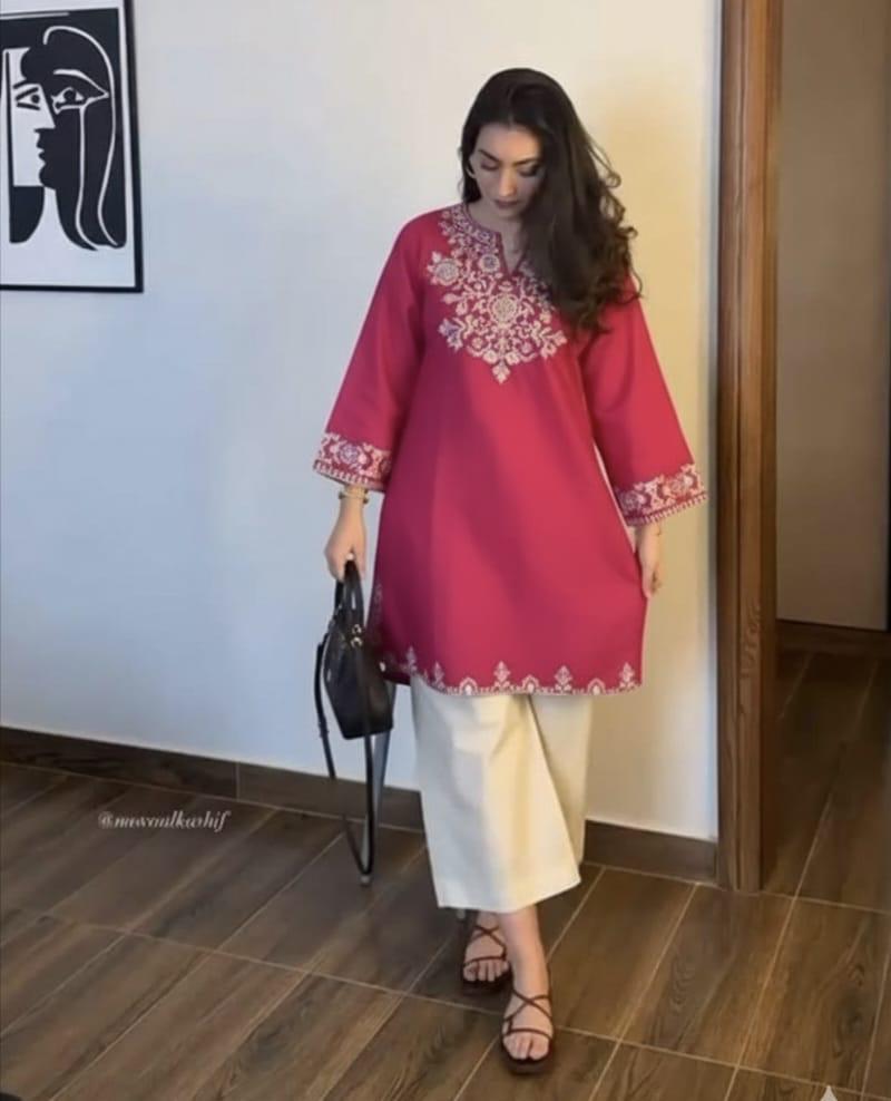 Fuschia Pink Floral Embroidered Cotton Co-ord Set