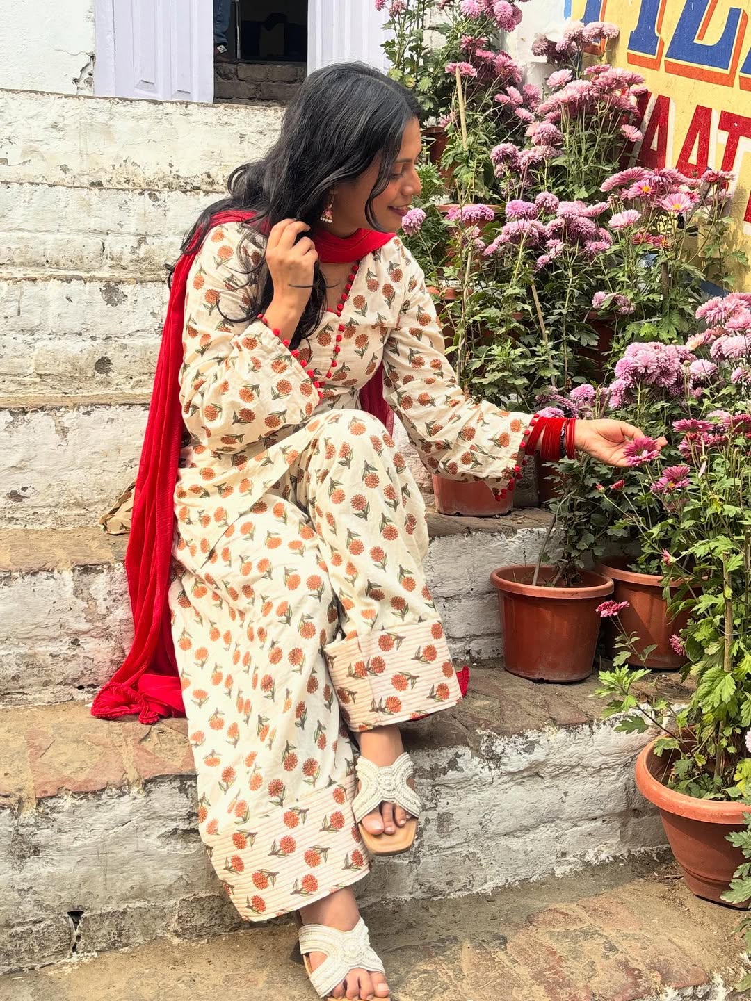 Cream Floral Block Print Cotton 3-Piece Suit Set