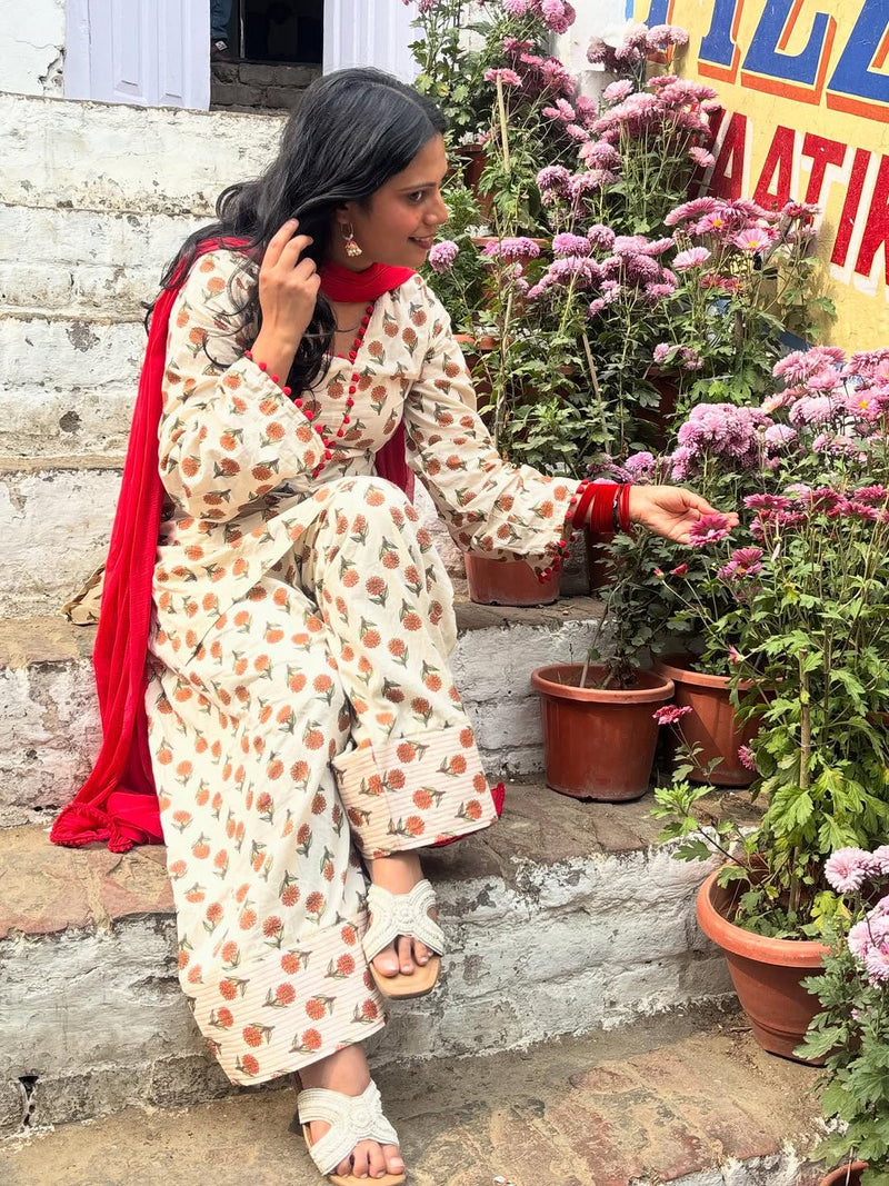 Cream Floral Block Print Cotton 3-Piece Suit Set