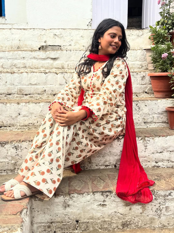 Cream Floral Block Print Cotton 3-Piece Suit Set