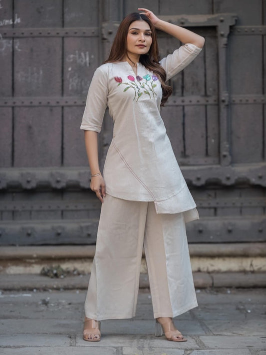 Beige Asymmetric Tulip Embroidered Kurti Trouser Set