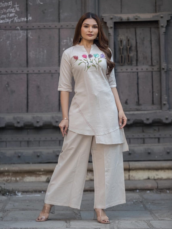 Beige Asymmetric Tulip Embroidered Kurti Trouser Set