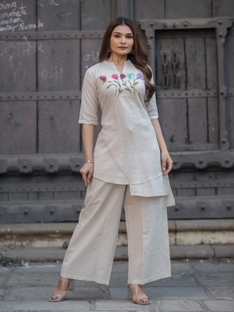 Beige Asymmetric Tulip Embroidered Kurti Trouser Set