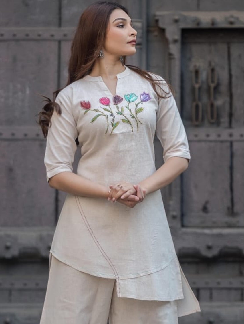 Beige Asymmetric Tulip Embroidered Kurti Trouser Set