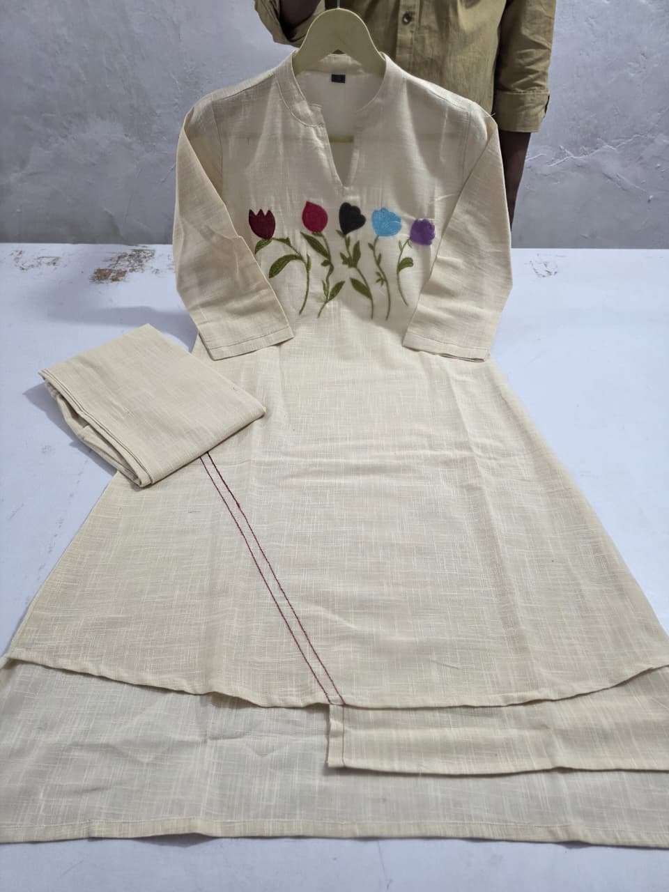 Beige Asymmetric Tulip Embroidered Kurti Trouser Set