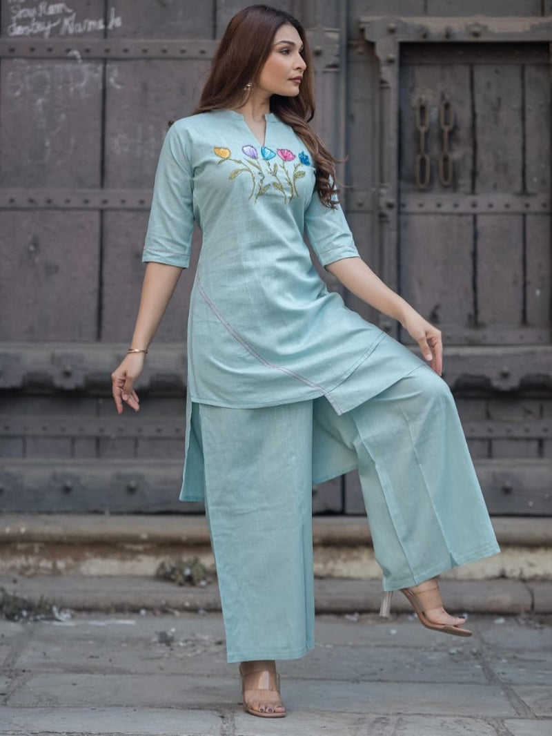 Blue Asymmetric Tulip Embroidered Kurti Trouser Set