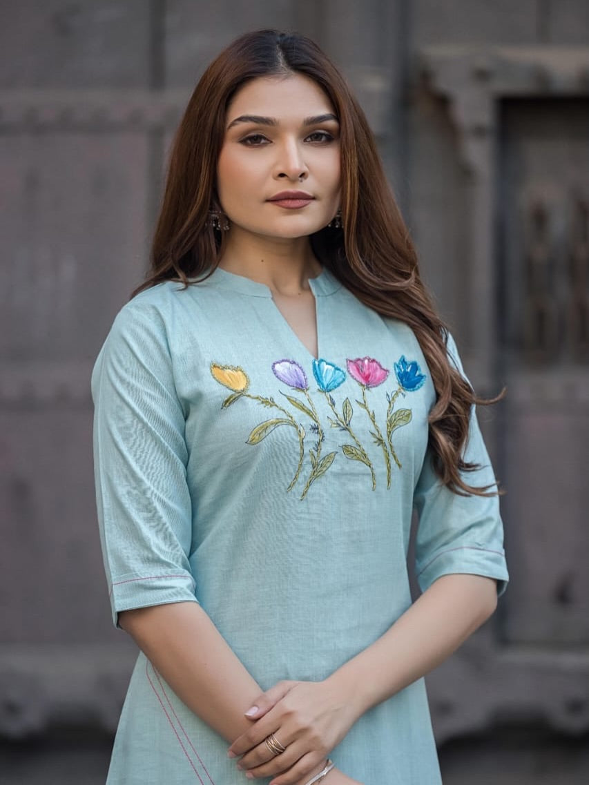 Blue Asymmetric Tulip Embroidered Kurti Trouser Set