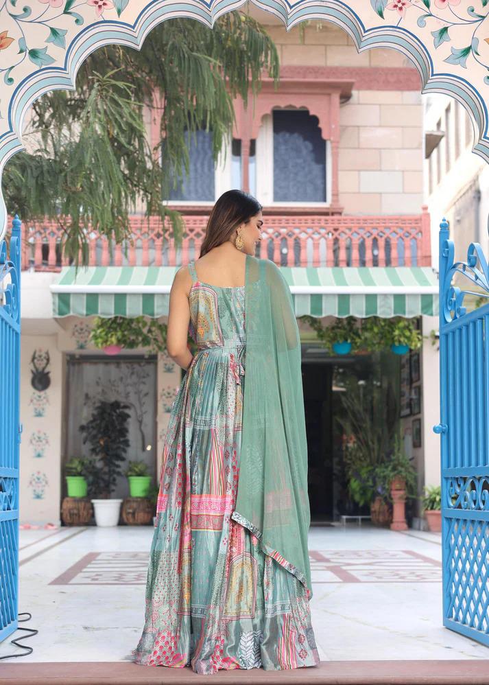 Seafoam Green Digital Print Lehenga Set with Dupatta