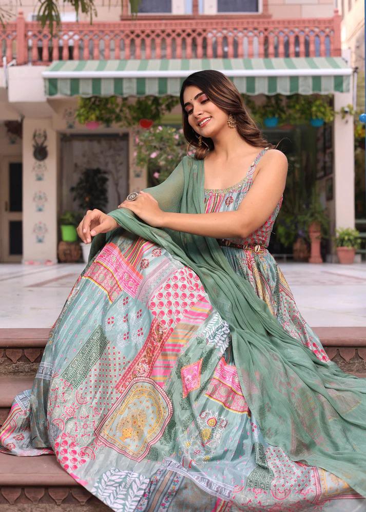 Seafoam Green Digital Print Lehenga Set with Dupatta